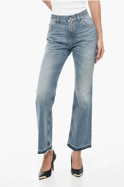 Chloé Cotton Blend Cropped Fit Denims With Fringed Hem 23cm In Blue