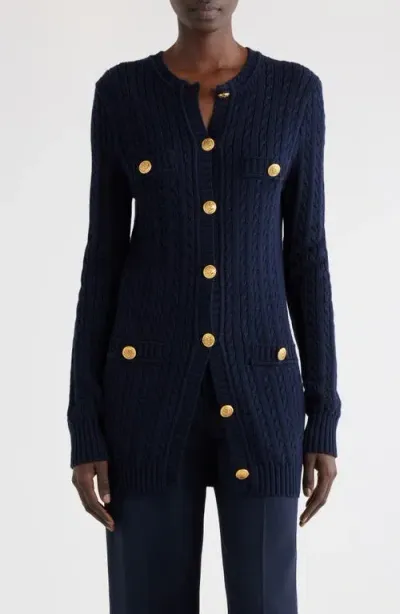 Chloé Embellished Cable-knit Cotton Cardigan In Navy