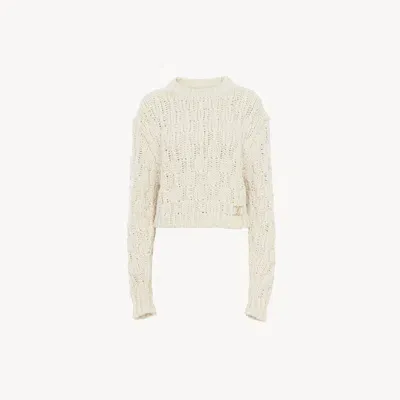 Chloé Pull Court En Maille Intarsia De Laine Mélangée Femme Blanc Taille L 79% Laine, 14% Soie, 7% Cachemi In White