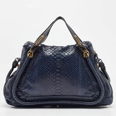 Pre-owned Chloé Dark Blue Python And Leather Large Paraty Shoulder Bag