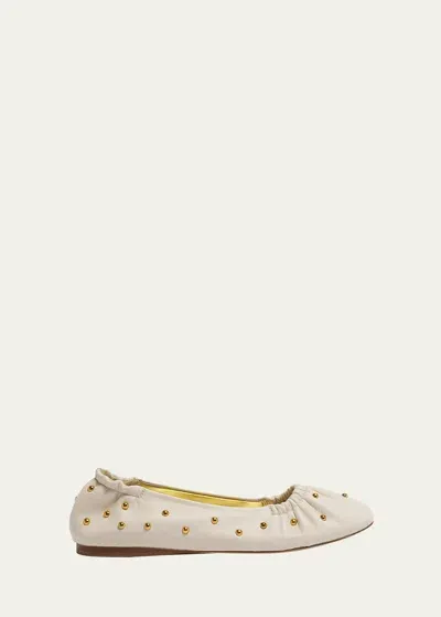 Chloé Eia Studded Ruched Leather Ballet Flats In Eggshell