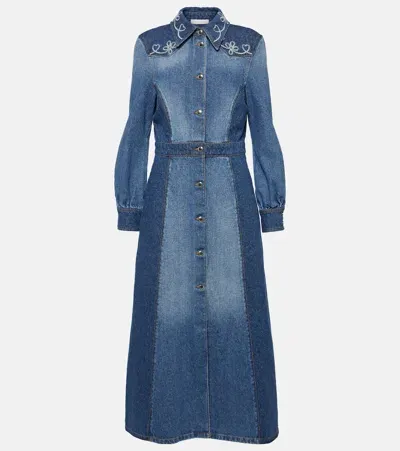 Chloé Embroidered Denim Shirt Dress In Blue