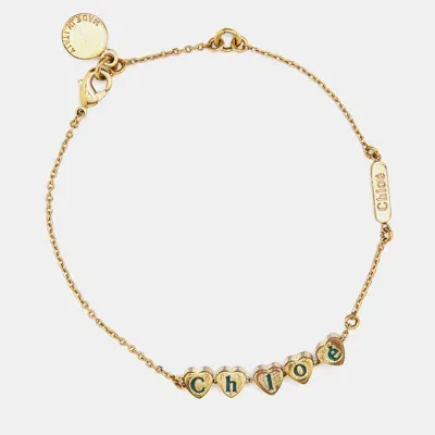 Pre-owned Chloé Gold Tone Logo Heart Chain Bracelet