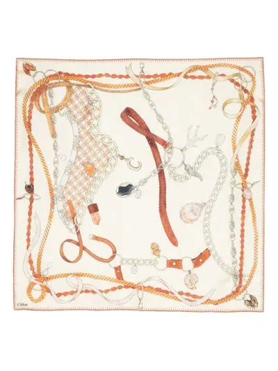 Chloé Graphic-print Silk Scarf In Beige