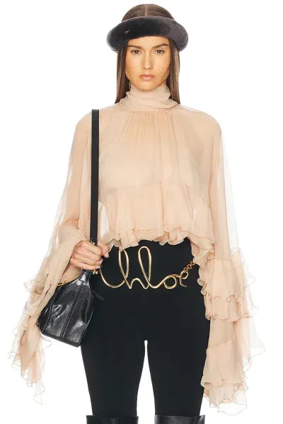 Chloé High Low Ruffle Top In Barley Brown