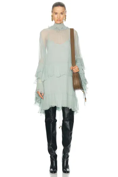 Chloé High Neck Silk Mousseline Dress In Desert Green