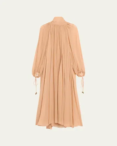 Chloé High-neck Tie Long-sleeve Silk Gown In Sand Brown