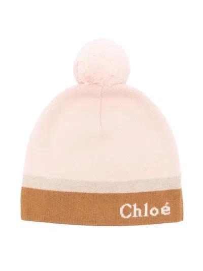 Chloé Intarsia-knit Logo Beanie Hat In Pink & Purple