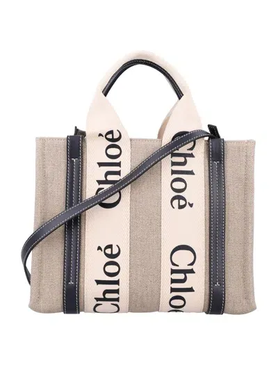 Chloé Linen Woody Medium Tote Bag In White - Blue 1