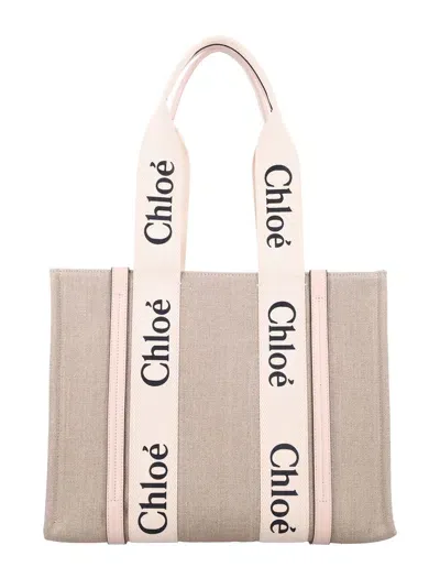 Chloé Linen Woody Tote Bag In Cement Pink