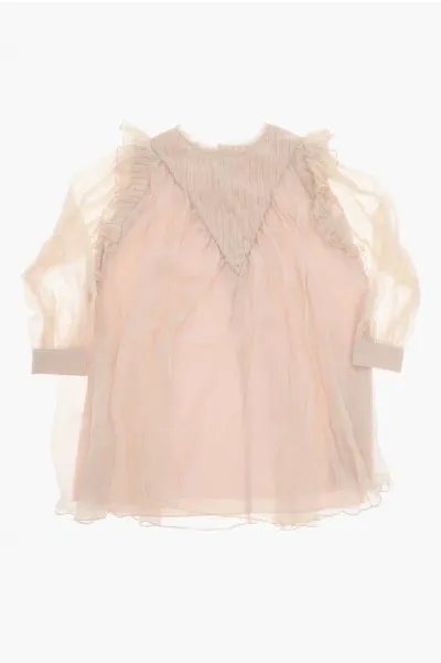 Chloé Long Sleeved Silk Dress With Ruffles In Neutral