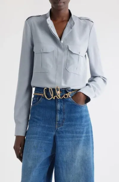 Chloé Military Style Silk Crepe Button-up Shirt In Ash Blue