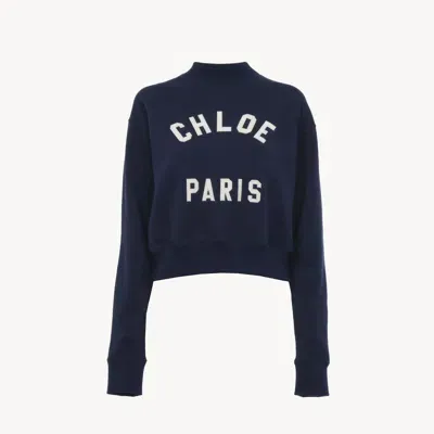 Chloé Mock-neck Logo Jumper In Cotton Fleece Blue Size M 100% Cotton