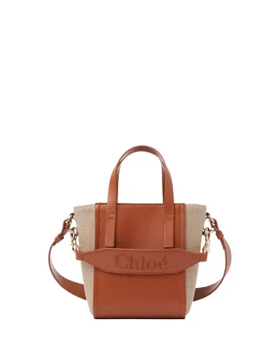 Chloé Natural Linen And Caramel Leather Sense Bag In Brown