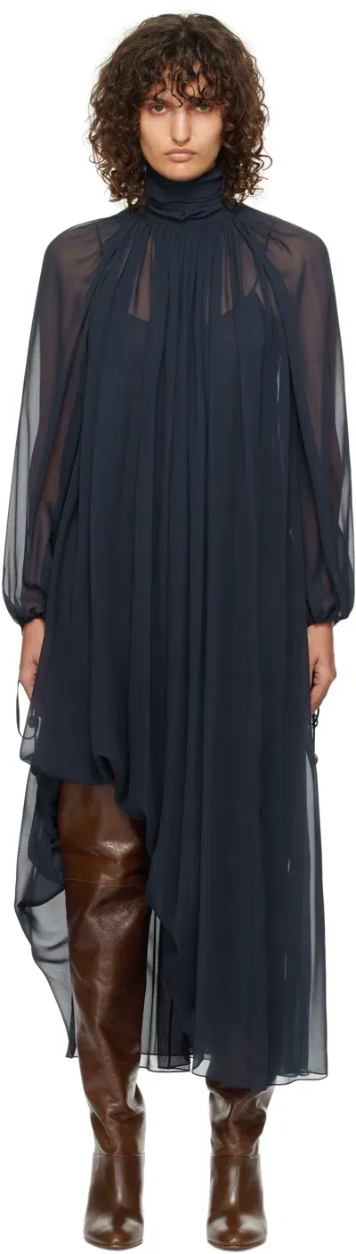 Chloé Navy Gathered Maxi Dress In 48q Graphite Blue