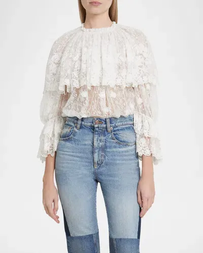 Chloé Ruffled Floral Lace Top In Iconic Milk