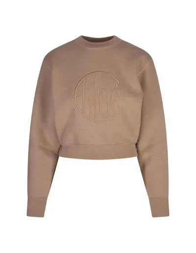 Chloé Straw Beige Short Sweater With Embroidered Logo In Brown