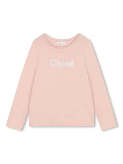 Chloé Kids' Logo-embroidered Cotton T-shirt In Pink