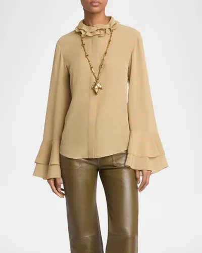 Chloé Tiered Ruffle Button-down Silk Top In Foggy Khaki