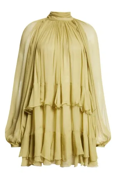 Chloé Tiered Ruffle Semisheer Long Sleeve Silk Top In Deserted Forest