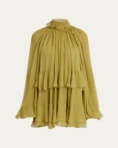 Chloé Ruffled Silk Mini Cape Dress In Green