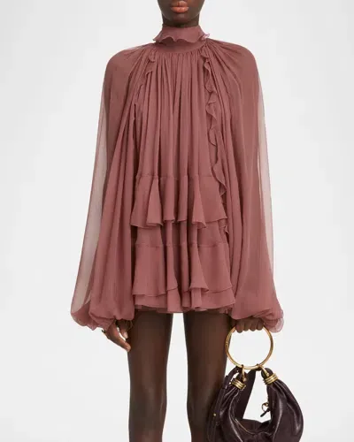 Chloé Tiered Ruffle Silk Mousseline Mini Dress In Woodrose