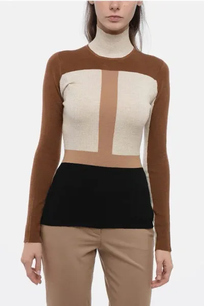 Chloé Turtleneck Wool Sweater With Color Block Pattern In Black