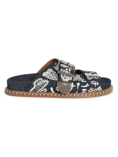 Chloé Rebecca Whipstitched Embroidered Denim Slides