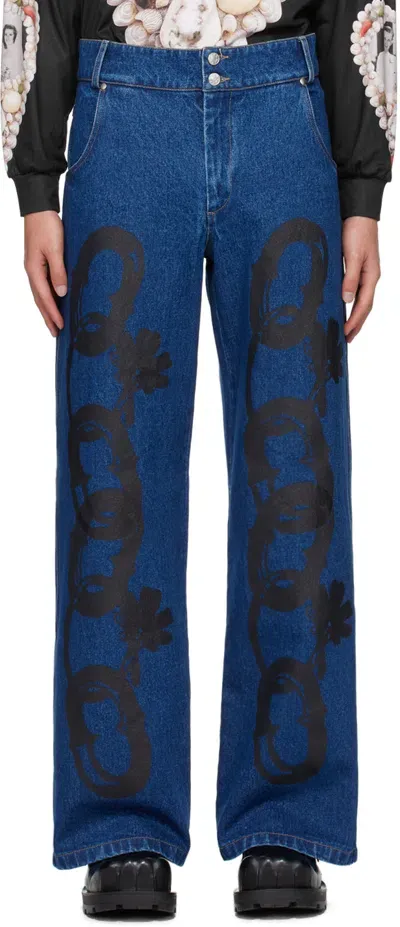 Chopova Lowena Blue Chain Printed Jeans In Blue And Black