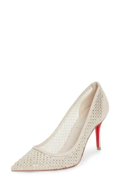 Christian Louboutin Apostropha Crystal Embellished Pointed Toe Pump In Leche Silk/lin Leche