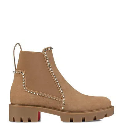 Christian Louboutin Out Lina Spike Lug Suede Ankle Boots In Beige