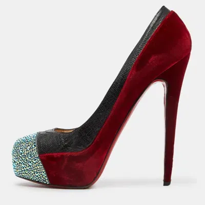 Pre-owned Christian Louboutin Red/black Velvet And Ostrich Leg Strass Calypso Pumps Size 41.5