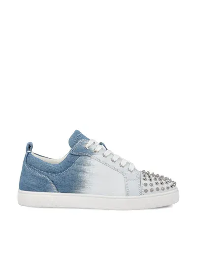 Christian Louboutin Mens Louis Junior Spike-embellished Denim Low-top Trainers Blue/whit In Blue-white/sv