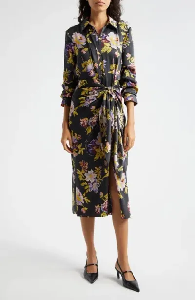 Cinq À Sept Brigitte Floral Jacey Tie-waist Midi Shirtdress In Black Multi