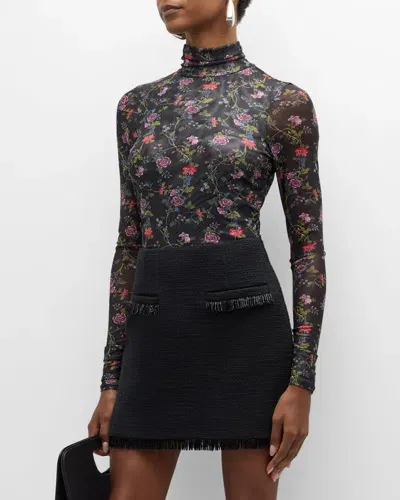 Cinq À Sept Hana Floral Shirred Mesh Turtleneck Top In Black Multi