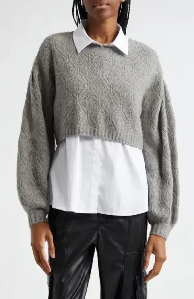 Cinq À Sept Landry Combo Knit Pullover Top In Heather Grey/wh