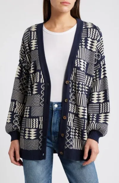 Cleobella Feliz Patchwork Jacquard Cardigan In Blue/grey