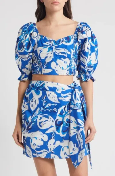 Cleobella Rayna Floral Print Puff Sleeve Crop Top In Azure Print