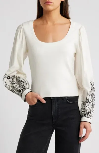 Cleobella Ruthie Embroidered Mix Media Balloon Sleeve Top In Ivory/black