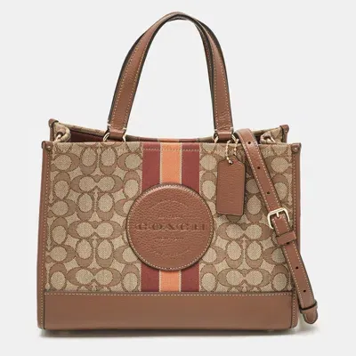 Pre-owned Coach Brown/beige Signature Jacquard Canvas Dempsey 30 Carryall Tote