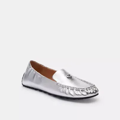 Coach Ronnie Silver Metallic Leather Loafers In Silver Leather