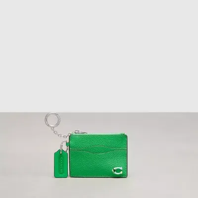 Coach Wavy Zip Card Case In Pebbled Topia Leather With Key Ring In Electric Kelp