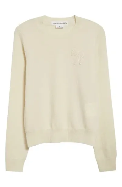 Comme Des Garcons Girl Comme Des Garçons Girl Beaded Bow Wool Jersey Crewneck Sweater In Off-white