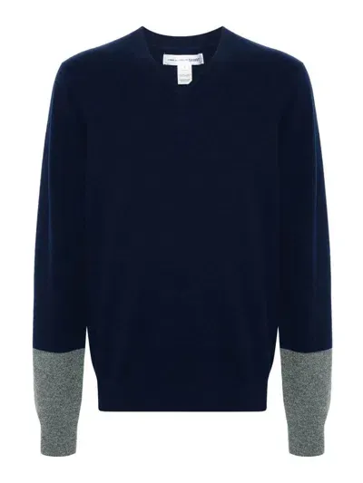 Comme Des Garçons Knitted Wool Sweater In Navy,top Grey