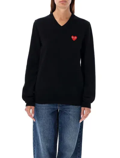 Comme Des Garçons Play Red Heart Patch V-neck In Black