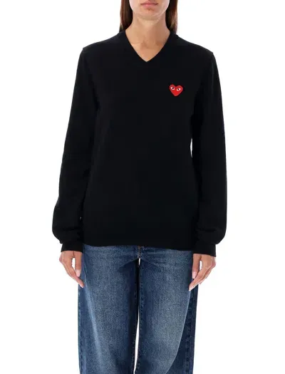 Comme Des Garçons Play Red Heart Patch V-neck In Blue