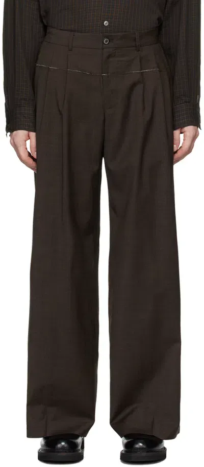 Coor Brown Raw Cut 3 Pleat Trousers In Dark Breown Melange