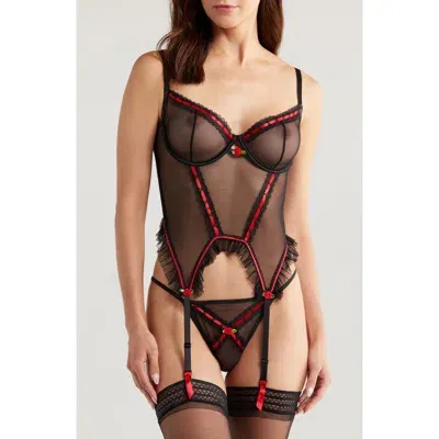 Coquette Mesh Underwire Bustier & G-string Set In Black