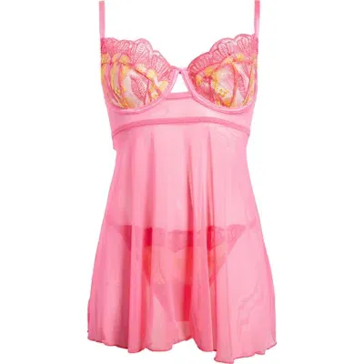 Coquette Underwire Babydoll Chemise & G-string Set In Neon Pink