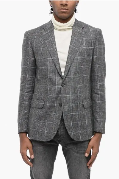 Corneliani Cc Collection District Check Right Linen Blend Blazer In Gray